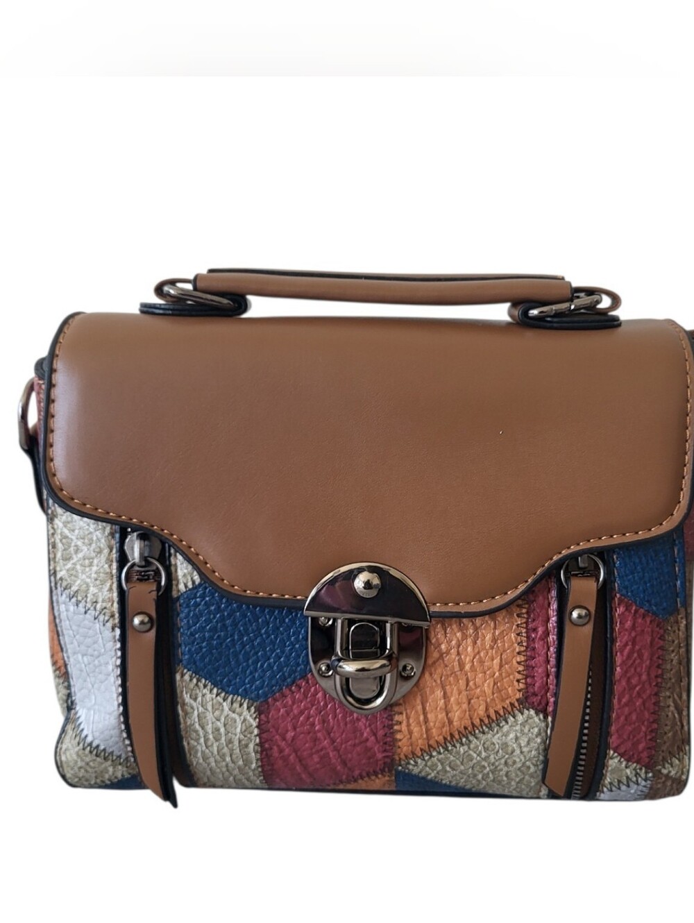 Leather Patchwork Crossbody Satchel - Tan Multi